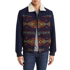 Pendleton Aztec Print Wool Bomber Jacket Sherpa Collar Trapper Navy Mens Small